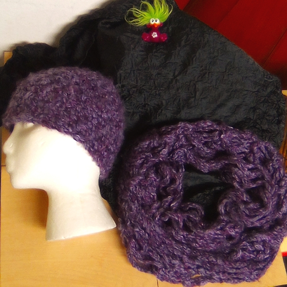 Hand Knitted Purple Beanie and Infinity Shawl - Picture 2 of 12